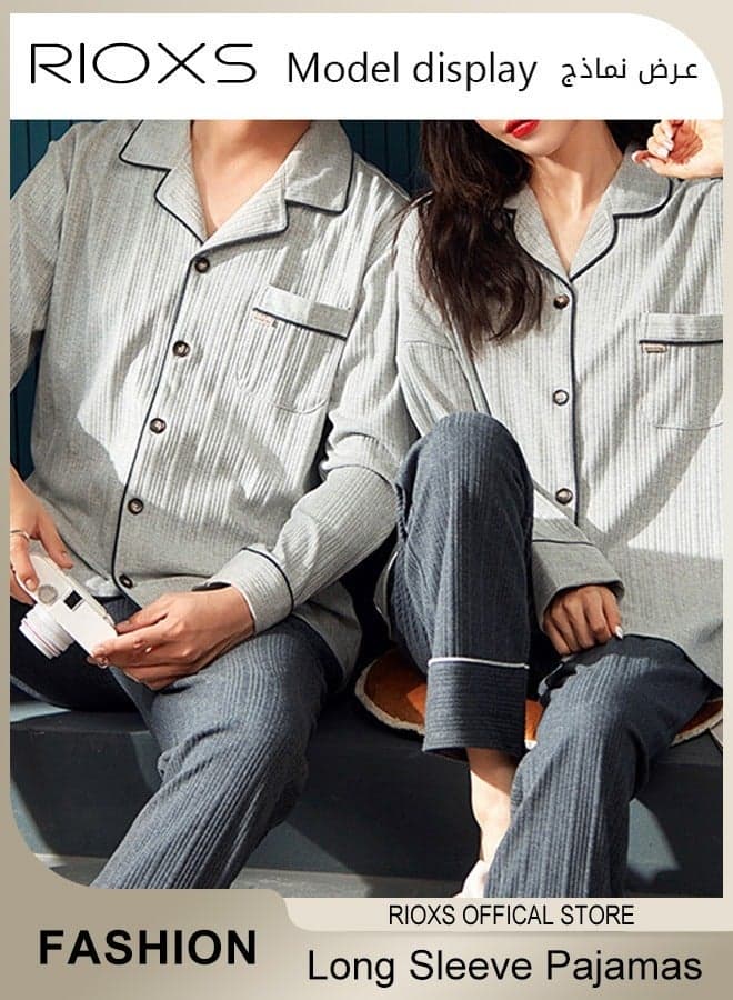 Unisex 2 Pieces Long Sleeve Pajamas Set, Couples Matching Comfortable Home Clothes, Soft Cotton Sleepwear with Front-Pocket, Button Down Loungewear Men's Women's V-neck Tops and Straight Loose Leg Pants for Housewear, Park Walking, Grocery