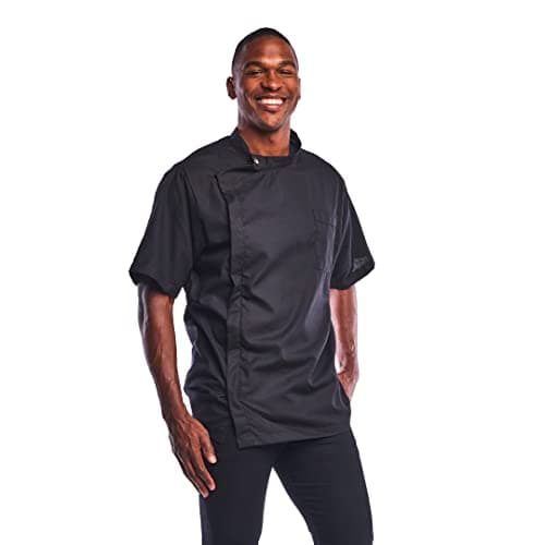 Betty Dain Classic Barber Jacket, Barber Design, Band Collar, Shoulder Snaps, Single Chest Pocket, Concealed Side Zipper Closure, Soft Cotton/Polyester Blend, Machine Washable, Black, XL