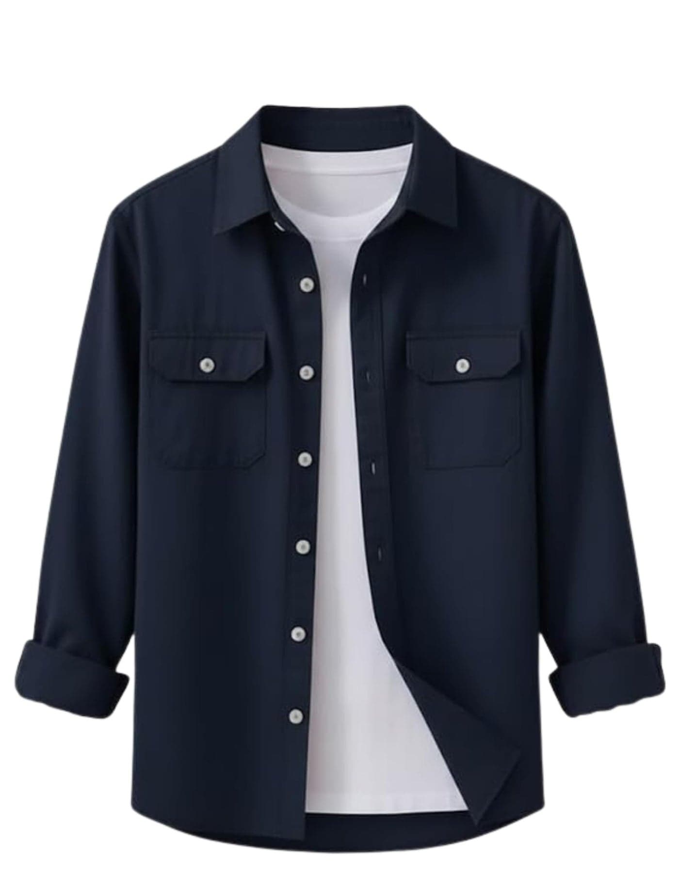 DEELMO Men’s Stylish Cotton Blend Casual Shirt || Full Sleeve Button-Down Shirt with Dual Flap Pockets || Comfortable Breathable Fabric || Perfect for Casual Office and Outing Wear Navy Blue