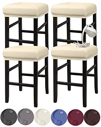 HFCNMY Stool Covers Rectangle, Stretch Waterproof PU Rectangle Bar Stool Covers Vanity Stool Cover Washable Counter Stool Covers Saddle Seat Cover with Elastic Bands(4 Pack,Beige)