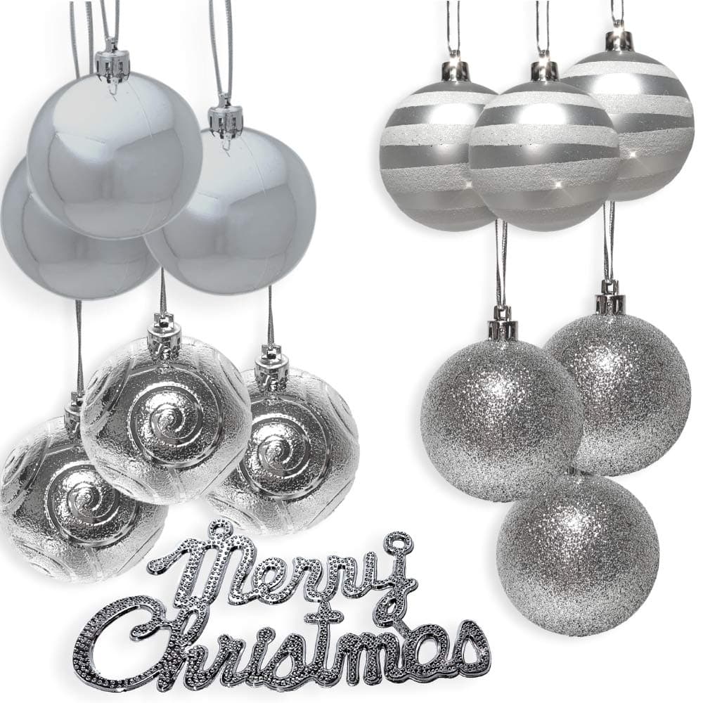 Silver Christmas Ornaments Set of 12 Christmas Balls and 1 Silver Merry Christmas Sign Xmas Party Decorations Shatterproof Holiday Ornaments