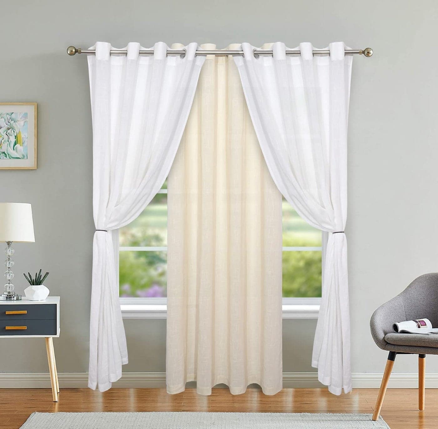 LINENWALAS Cotton Linen Solid Sheer Curtain Set With Grommet Curtains Rings Non Blackout Window Curtain - Set Of 3 (White-Natural Linen-White) 4.5Ft X6Ft