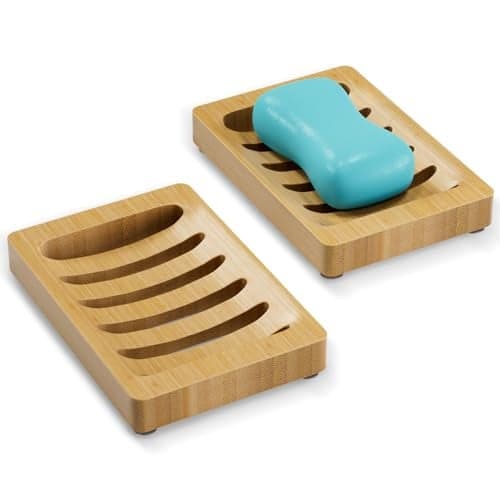 AmazerBath Soap Holder, Bamboo Soap Dish, Wooden Soap Holder Soap Dish, 2 Pack Bamboo Soap Holder, Soap Dishes for Bar Soap, Wooden Soap Tray, Kitchen Soap Tray Self Draining (Wooden Color)
