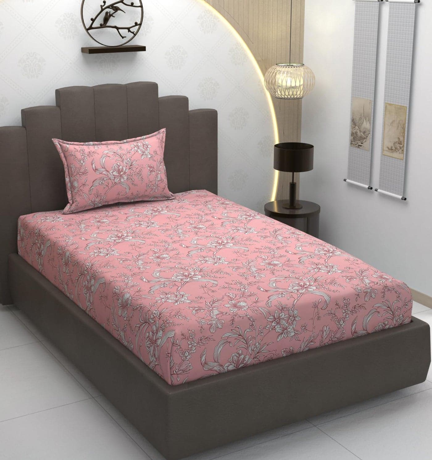TIB Glace Cotton Elastic Fitted Bedsheets Single Bed 36x78x8 Inches with 1 Pillow Covers, 210TC (Pink Flower, Single)