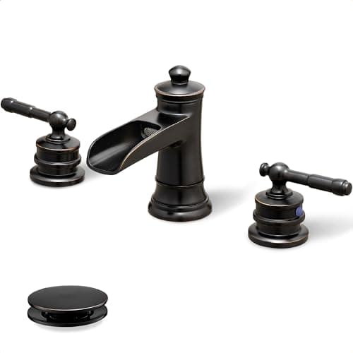 HOIGY Oil Rubbed Bronze Bathroom Faucet, Brass Waterfall Faucet Widespread Bathroom Sink Faucet 3 Hole, 4-16 Inch Bathroom Faucets with Pop Up Drain 2 Handle & Supply Hose for Hotel Farmhouse Antique