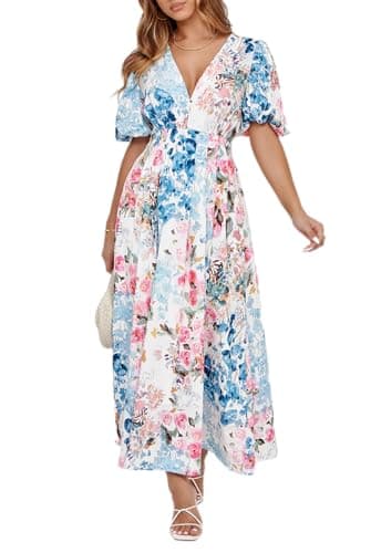 Maxigerui Women's Floral Maxi Dress Summer Fall Wedding Guest Dress Pink Blue Multi Floral L