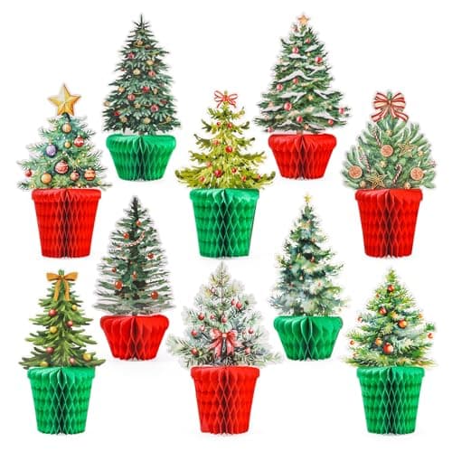 Whaline Christmas Tree Honeycomb Centerpieces Xmas Red Green 3D Pot Plant Paper Table Toppers for Holiday Party Home Decorations 10 Pcs