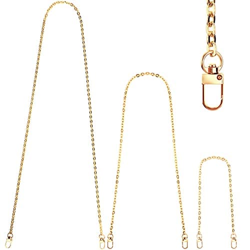 Junkin 3 Pcs Gold Purse Chains Replacement Purse Strap Flat Shoulder Link Chains, Classic Style Mini Metal with Metal Slide Hook Buckles for DIY Handbags Crafts 47 Inch 31 Inch 15 Inch