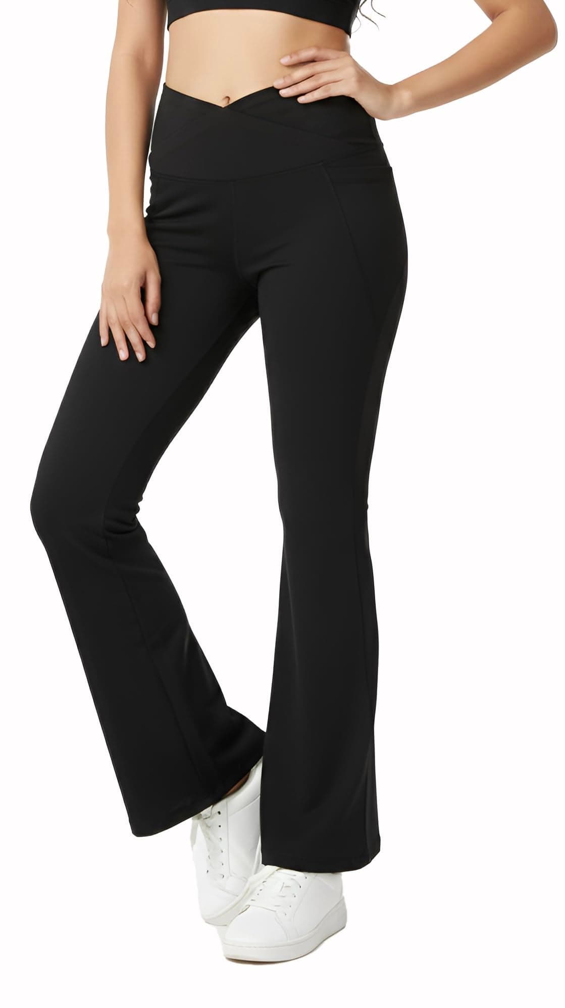 Rock Paper Scissors Premium Flare Gym Pants High Waist Stretchable Flared Leggings with Pockets & Cross Belt Gym wear/Active Wear Tights Yoga Pants Womens Workout Tights Gym Tight Black