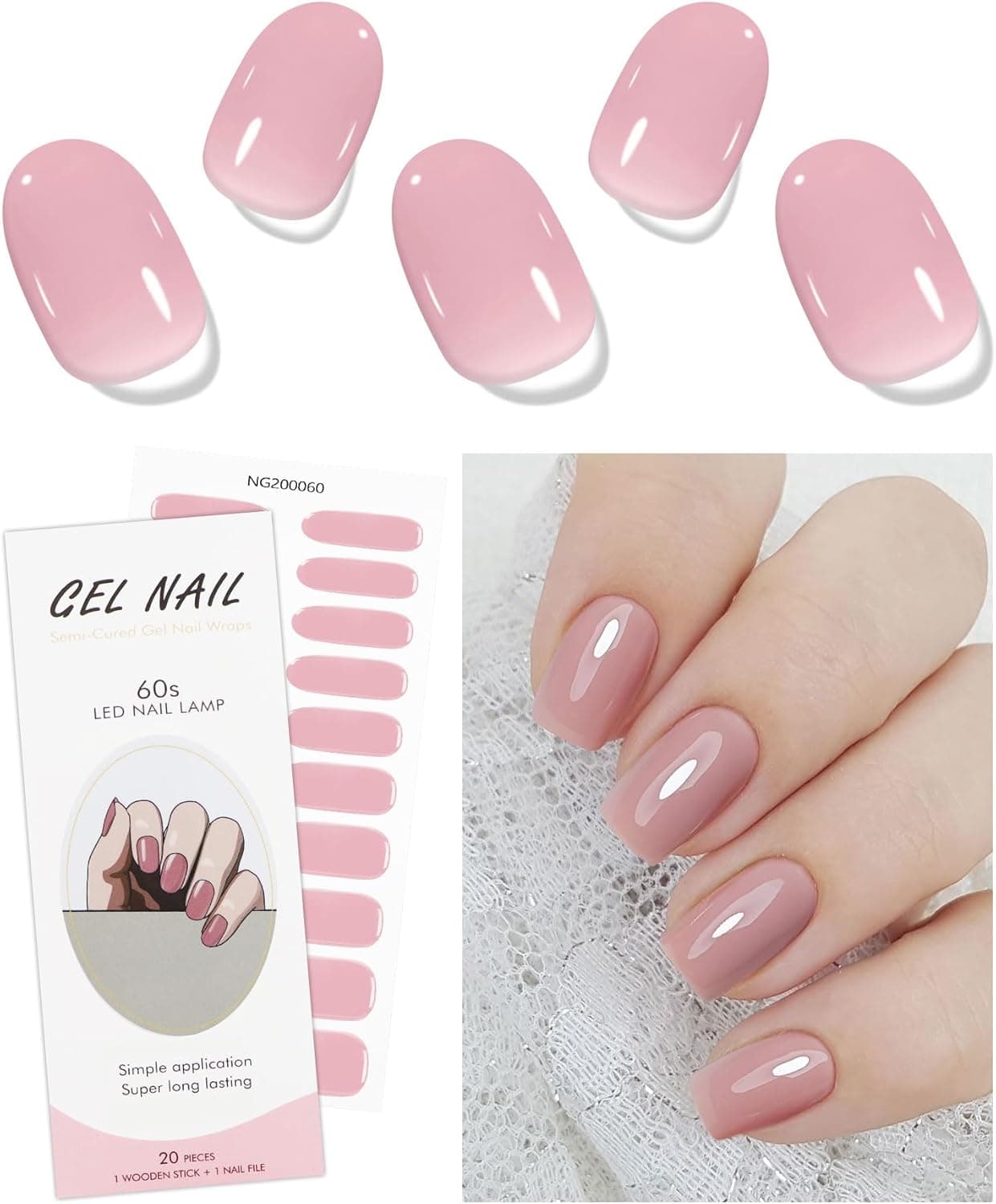 JMEOWIO Gel Nail Stickers Cream Pink Semi Cured Gel Nail Strips Wraps UVLED Nails Art Design Decoration Accessories