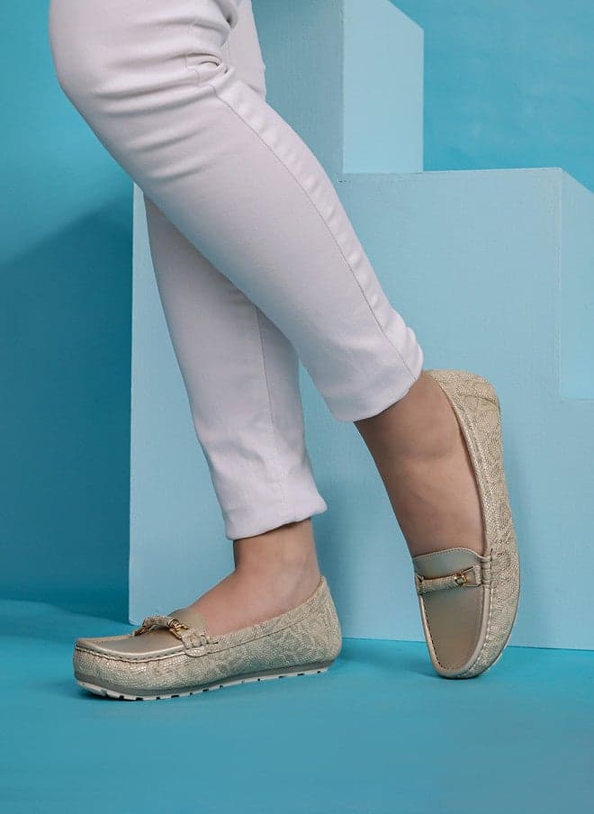 Gold Textured Horsebit Loafers for Women