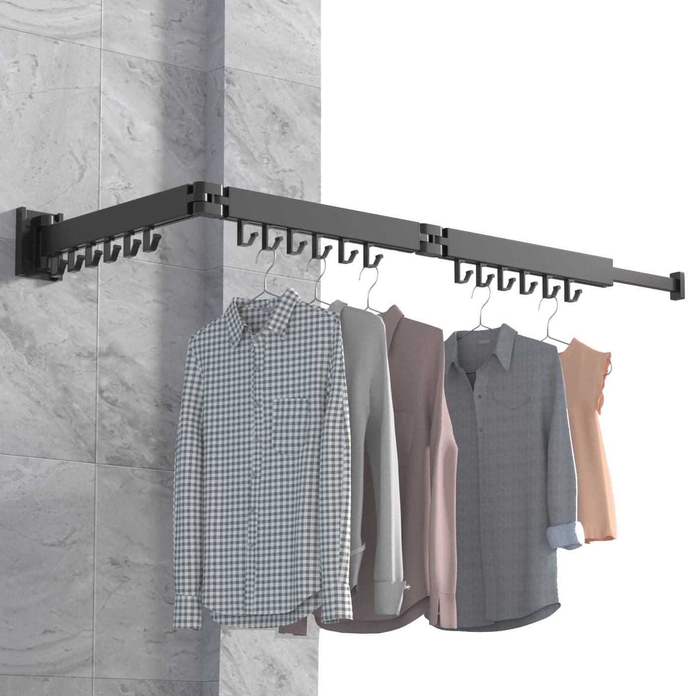 Wall Mounted Clothes Hanger Rack Retractable Clothes Drying Rack Folding Indoor Laundry Drying Rack Space Saver Clothes RackCollapsibleTriFoldwith 18 JHooks Laundry Rack Black