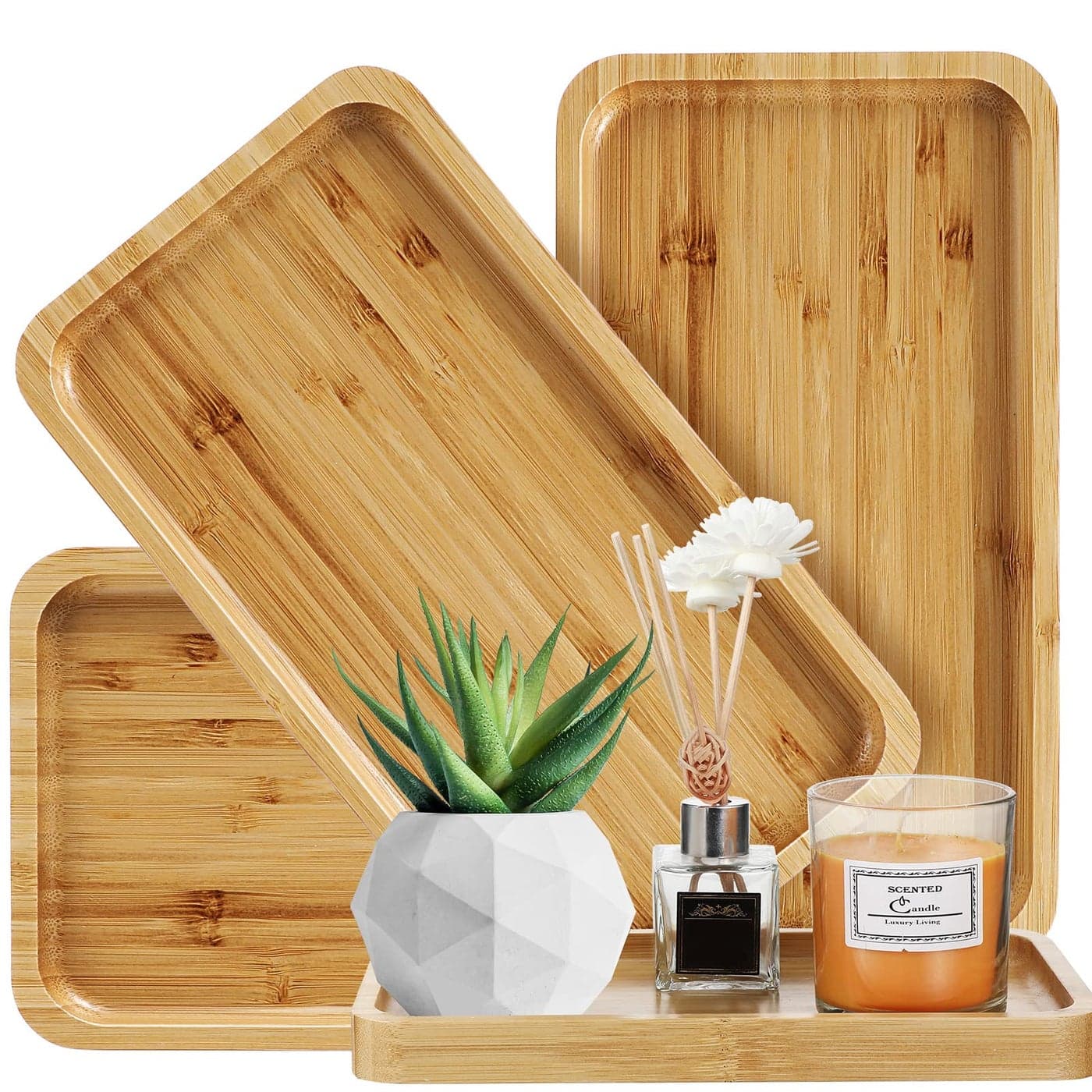 3 Pcs Bamboo Tray for Bathroom Bamboo Vanity Bathroom Counter Organizer Decorative Tea Serving Tray for Dresser Coffee Table Home Decor Toilet Tank Candle Perfume 98 x 57 x 078 Inch