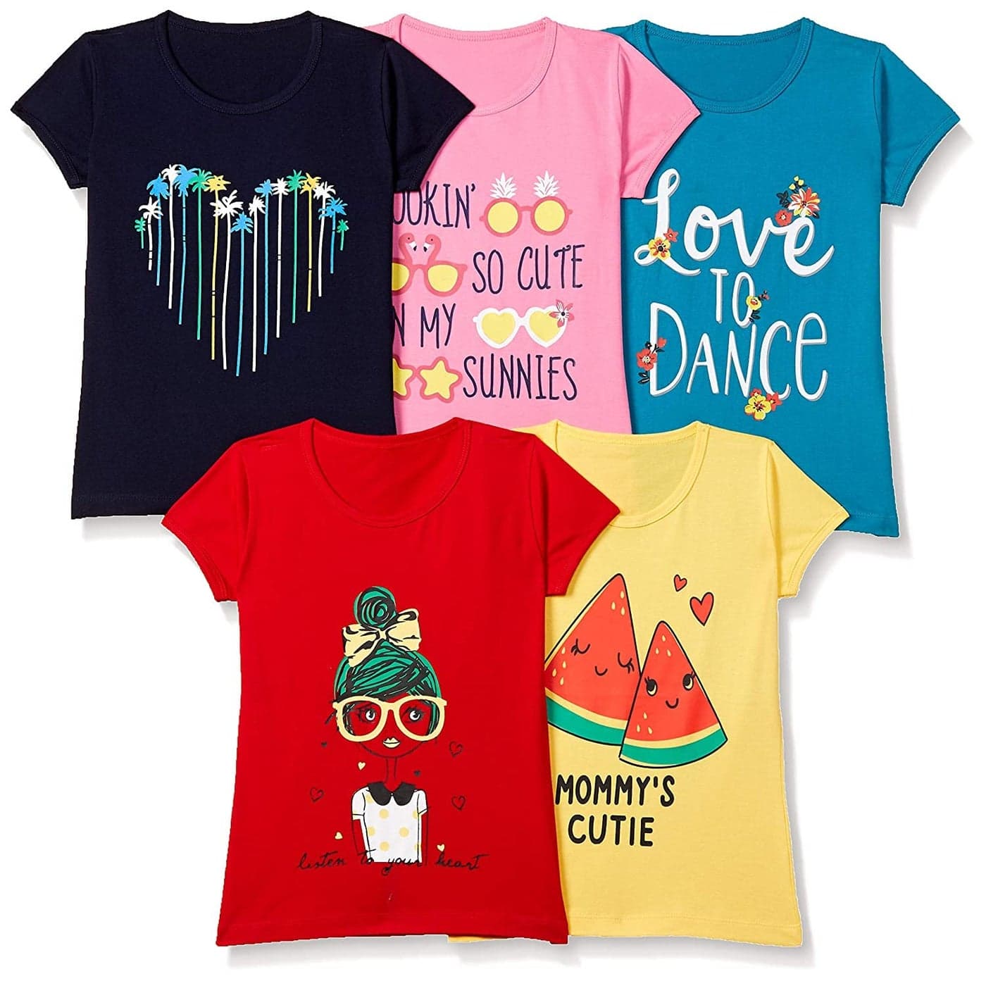 T2F Girl's Plain Regular fit T-Shirt (Pack of 5) (GLS-TSRT-01_Multicolor 5 9-10 Years)