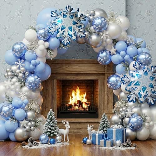 Ceeulvu Winter Wonderland Balloon Arch Kit White Silver Double Stuffed Blue Snowflake Balloons for Winter Baby Shower Winter Onederland Birthday Christmas or Frozenthemed Party Decor