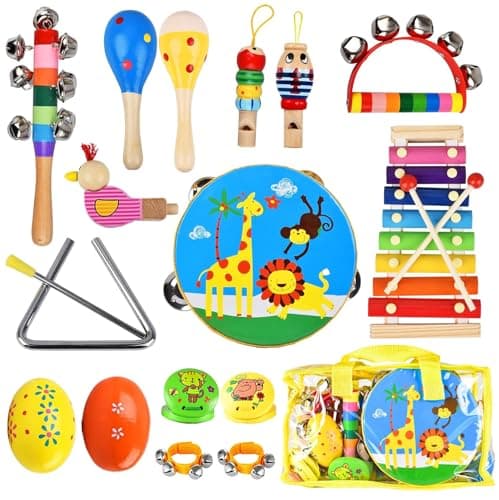 Kids Musical Instruments Set 20 Pcs Toddler Wooden Percussion Instruments for Baby Children with Tambourine Xylophone Maracas Preschool Musical Toys Set for Boys and Girls with Carrying Bag