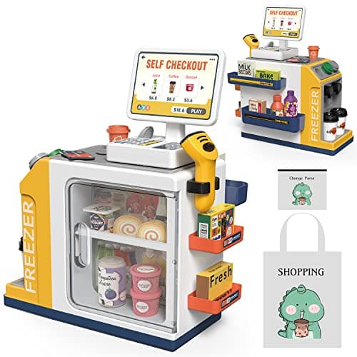Cash Register Playset for Kids 48PCS Pretend Play Money Calculator Scanner Credit Card and Play Food for Boys and Girls Ages 3 668125