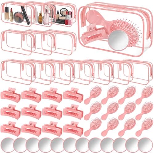 Abbylike 48 Pcs Spa Party Favors Bulk for Women Girls Pink Beauty Self Care Gift Set with Makeup Bag Mirror Hair Brush and Clips Bridal Shower Birthday Party Favors Supplies Beauty Stocking Stuffers