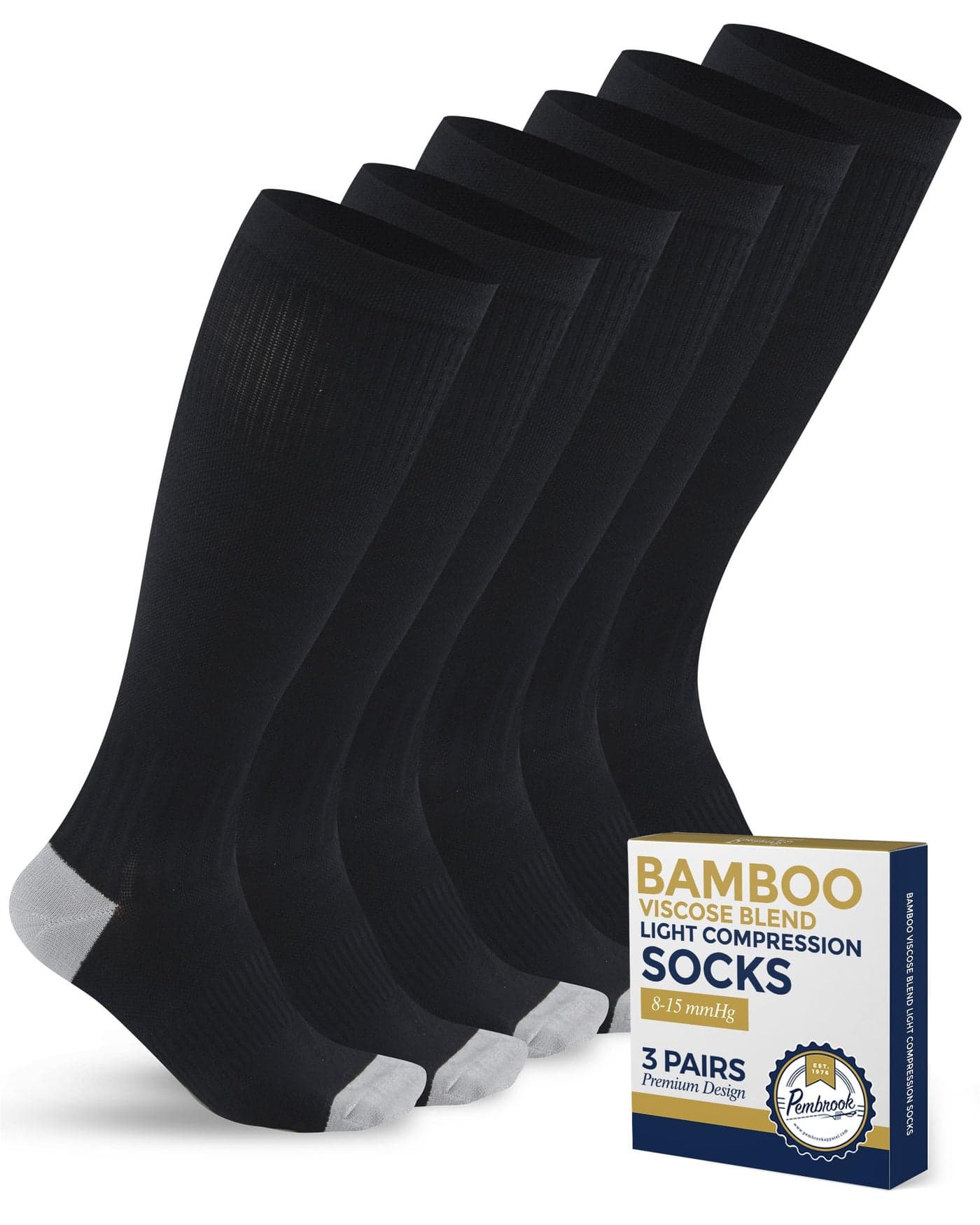 Pembrook Bamboo Viscose Light Compression Socks - 3 Pairs | Mens and Womens Compression Socks 8-15 mmHg | Mens and Womens Light Compression Socks for Circulation | Black