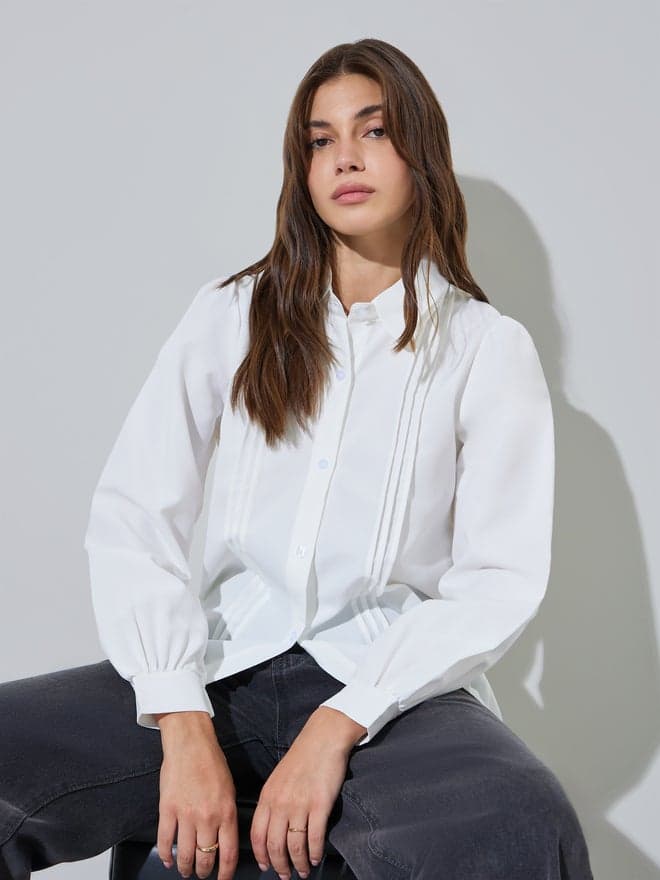 Styli White Long Sleeve Pintuck Shirt