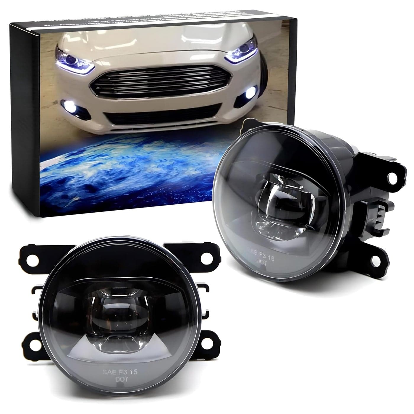 iJDMTOY Xenon White LED Fog Lights Compatible With Ford CMax Explorer Fiesta Fusion Mustang Taurus Nissan Sentra Subaru Legacy Outback wLED Halo Rings Each Lamp Powered by 6 Pieces 3W LED Bulbs