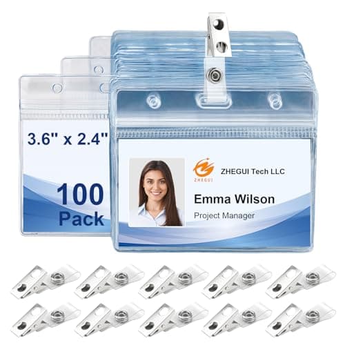 100 Pack Horizontal ID Badge Holder with Clip Waterproof PVC Transparent Name Tag Holder with Sealed Zipper Plastic ID Card Holders for Offices Schools Conferences Trade Shows and Events
