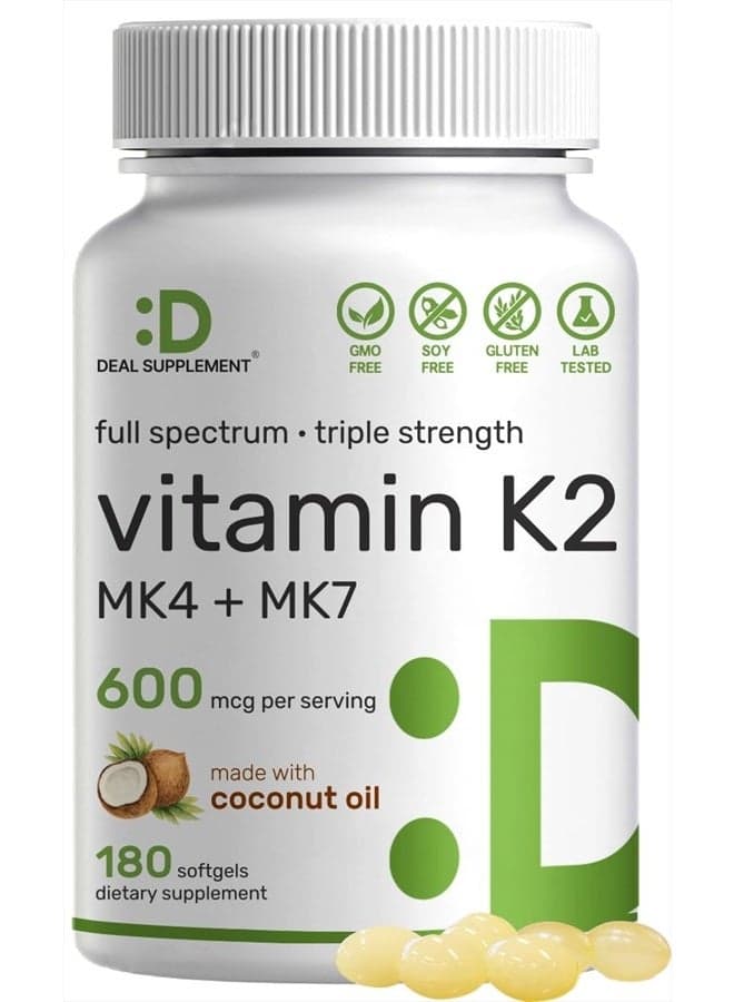 Vitamin K2 Supplement 600mcg, 180 Virgin Coconut Oil Softgels (6 Month Supply) – Full Spectrum MK-7 & MK-4 Forms, High Absorption, Triple Strength K Vitamins – Bone, Joint, & Immune Support – Non-GMO