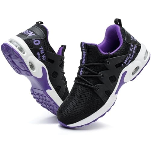 LANSNBO Steel Toe Shoes for Women Indestructible Safety Work Shoes Air Cushion Lightweight Breathable Utility Sneakers Puncture Proof Slip Resistant Composite Toe Footwear(HEI Zi 36 Black,Purple