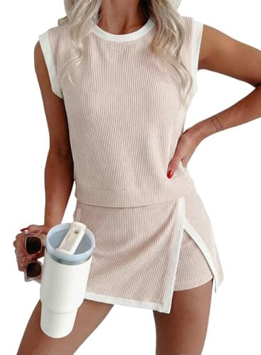 EVALESS 2 Piece Sets for Women Summer Matching Athletic Lounge Outfits Ribbed Knit Tank Top and Elastic Waist Split Lined Skirt 2026 Spring Trendy Womens Cozy Going Out Clothes Khaki Medium
