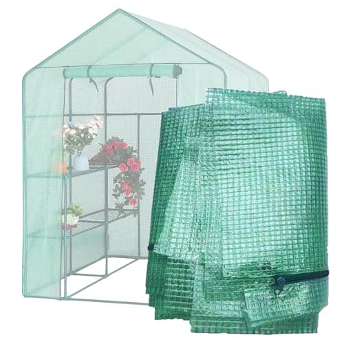 Greenhouse Replacement Cover, 56×56×76 Inch PE Walk-in Greenhouse Cover for Gardening Plants w/Roll-Up Zipper Door, Waterproof Frost Protection Wind Rain Proof, Easy Assembly (No Frames Include)