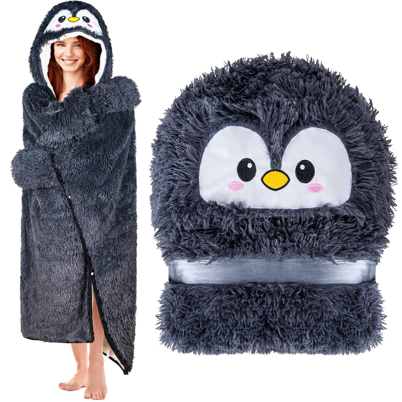 Penguin Wearable Hooded Blanket for Adults Fluffy Super Soft Shaggy Faux Fur Fuzzy Warm Cozy Plush Furry Fleece Sherpa Hoodie Throw Cloak Wrap Penguin Gifts for Women Adults and Kids