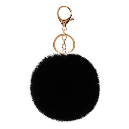 LUVI Artificial Faux Rabbit Fur Keychain Fluffy Plush Ball Pom Ball Charm Key Chain Purse Cute Car Key Decor Puff Purse Decor Handbag Bag Charm Decoration for Women Girls Black