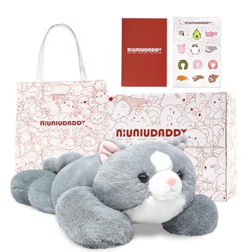 Niuniu Daddy Weighted Stuffed Animals for Anxiety 33lbs Weighted Cat Plushies Toy for Adults Kids 20 Large Grey Stuffed Cat Plush Pillow as Gift for Valentine Birthday Include Bag Stickers Card