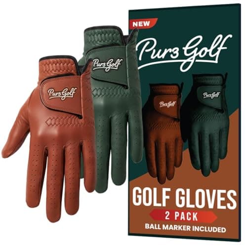 PUR3 Cabretta Leather Golf Gloves Men | 2 Pack Heritage Collection | Includes Ball Marker | Golf Glove Men Left Hand and Right Hand (Small, Worn on Left Hand (for Right Handed Golfers))