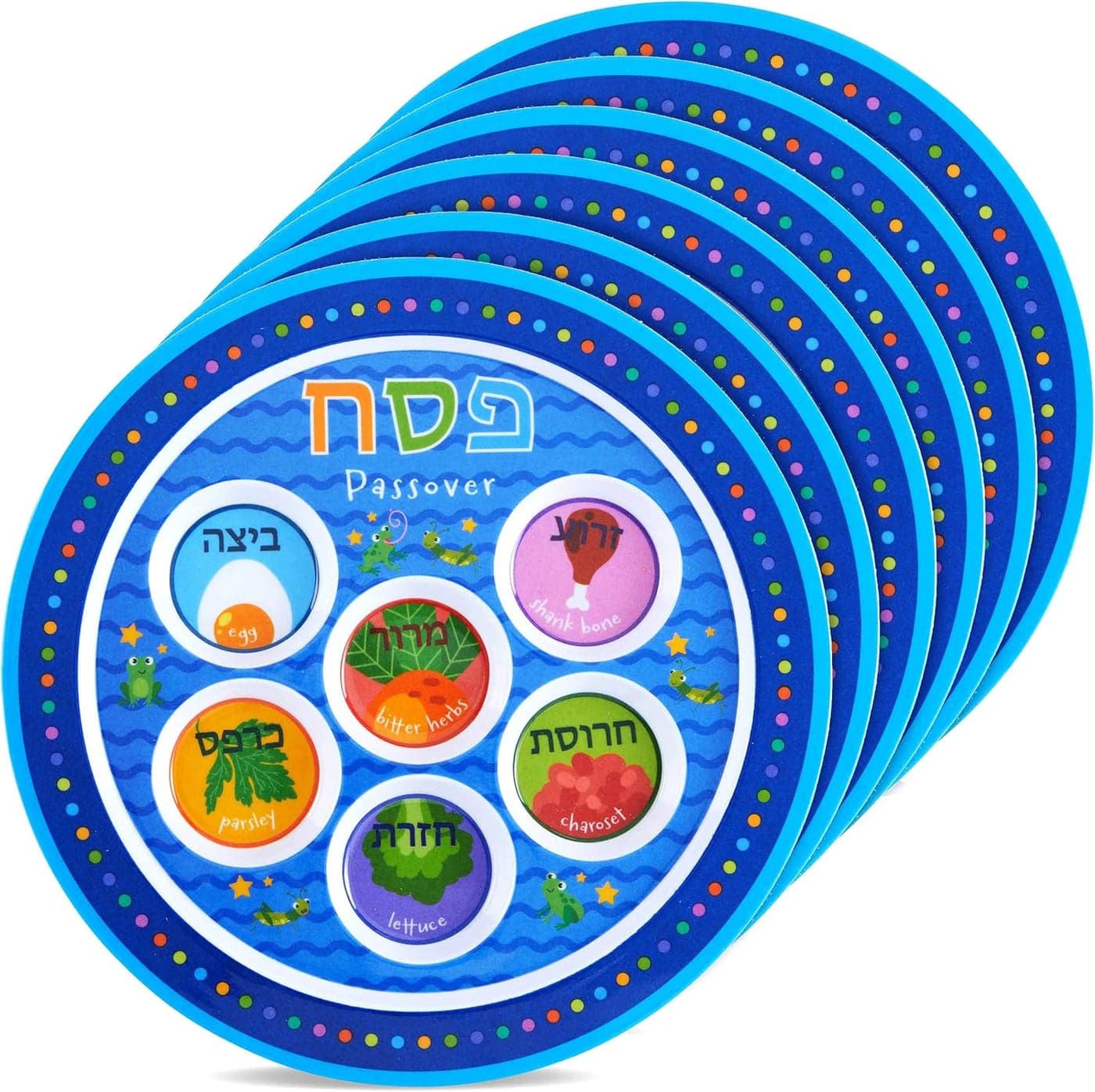 6 Pack Exciting Childrens Passover Seder Plate 9 Melamine BPAFree Colorful Kids Pesach Seder Plates Marked with Symbolic Traditional Seder Foods Round Seder Tray Passover Dinnerware by Zion Judaica