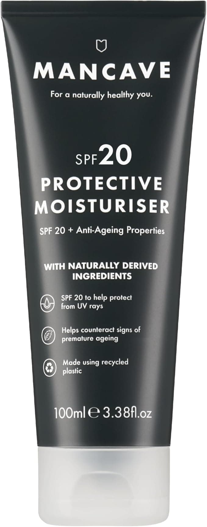ManCave SPF 20 Moisturiser AntiAging Counteracts Signs of Aging SPF Face Moisturise Vitamin E Caffeine Natural Formulation Recycled Plastics CrueltyFree Powerful SPF 20 Protection