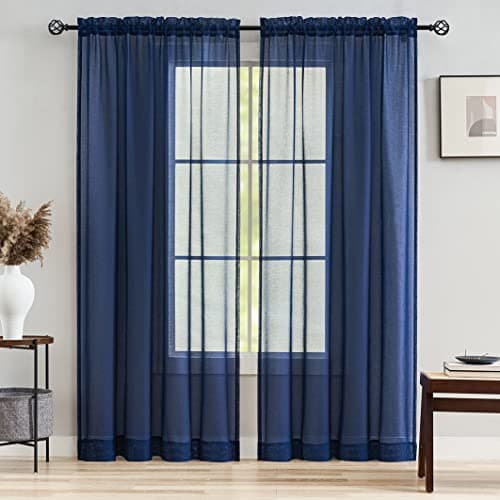 MYSTICHOME Sheer Curtains Navy Blue 95 Inches Long Window Treatments Rod Pocket Drapes for Living Room Bedroom Semi Crinkle Voile Curtain Panels for Yard Patio Villa Parlor Set of 2 52x95