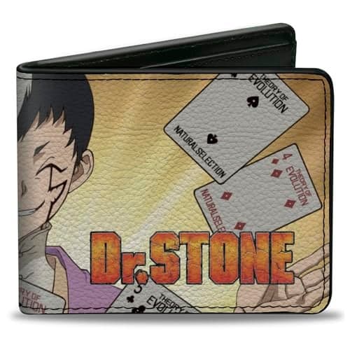 BuckleDown Dr Stone Wallet Bifold Dr Stone Gen Asagiri Cards Pose and Title Logo Yellows Vegan Leather