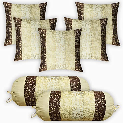 Gifts Island Combo Dupion Silk Tricolor Tribal Golden 3D Printed Square Pillow Cushion Covers 16x16 inches Set of 5 & Round Pillow Bolster Covers Set of 2 16x32 inches (Brown,Beige,White) (Pack of 7)