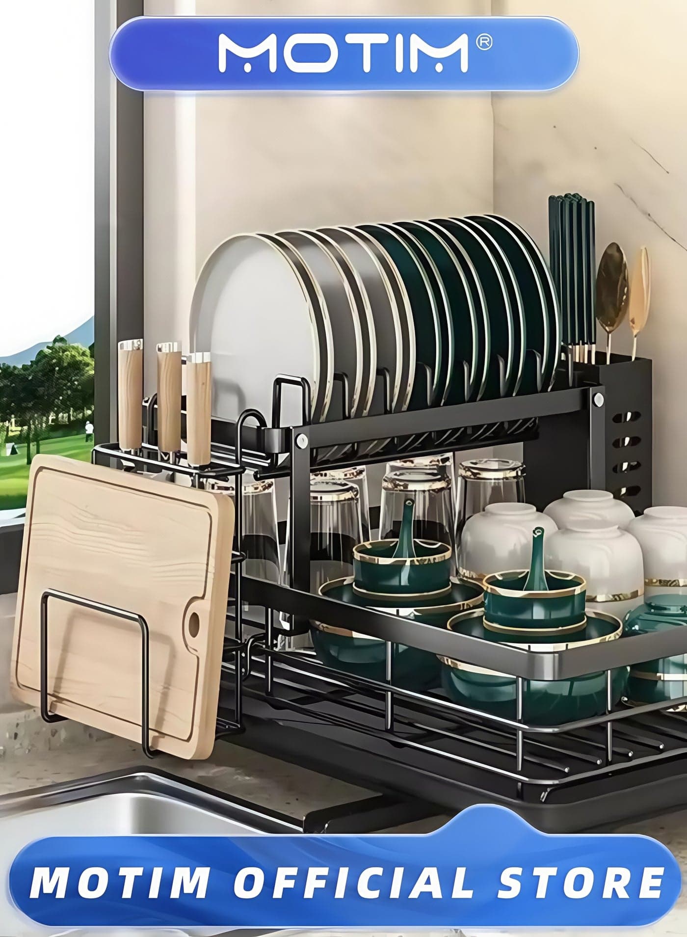 Dish Drying Rack Stainless Steel 2 Tier Large Dish Racks with Drainboard and Cutlery Holder for Kitchen Counter (Black)