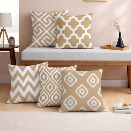 STITCHNEST Set of 5 Polycotton Cushion Covers – 24x24 Inches – Beige & White Ikat Geometric Print – Elegant Cushion Covers for Sofa & Living Room | Perfect for Home Decor