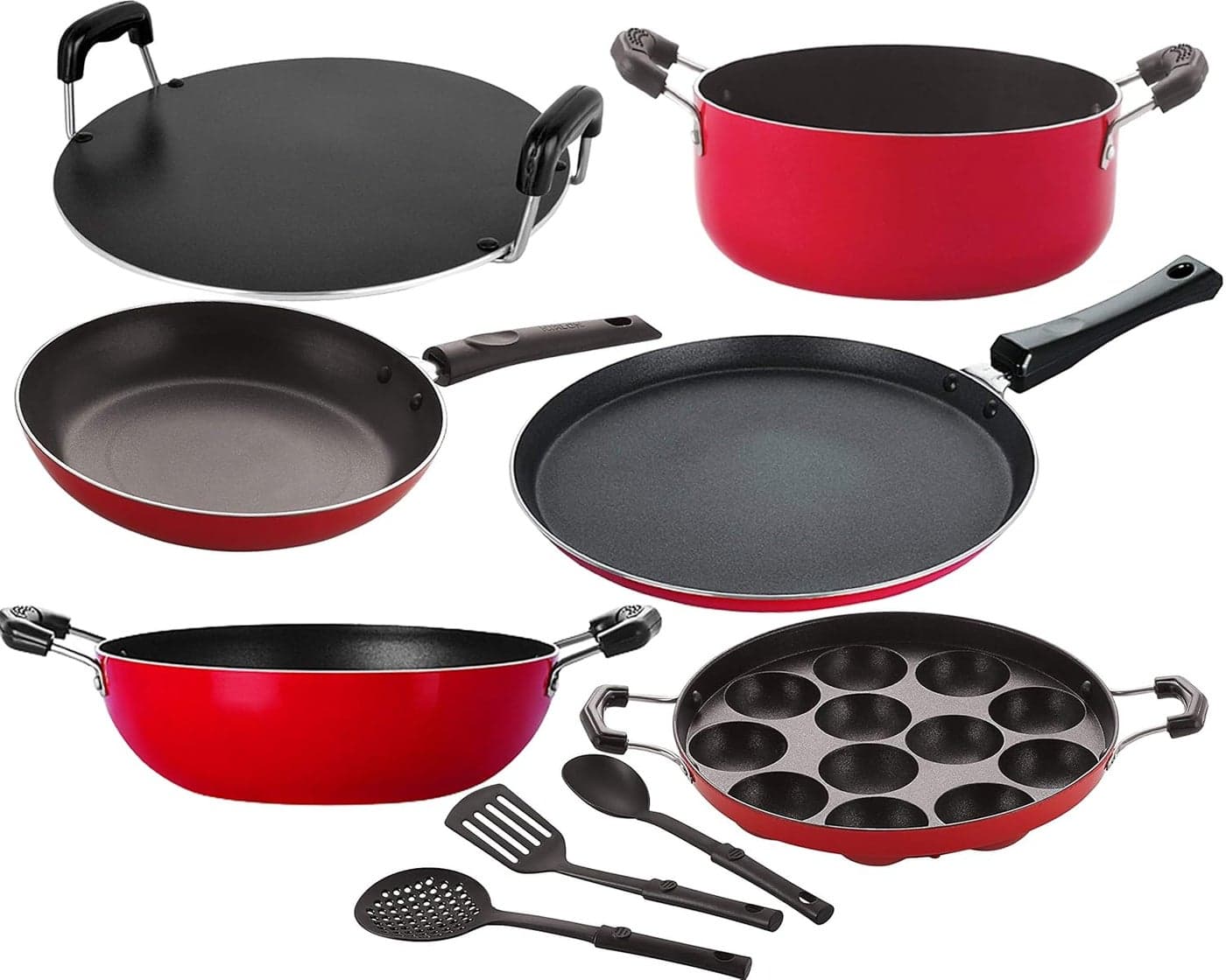 NIRLON Nonstick Aluminium Kitchenware Set 3 Layer Superior Coating Combo Set 9 Pieces 26_FT12_KD14_AP_RT_Cass20_TP24_3SPN