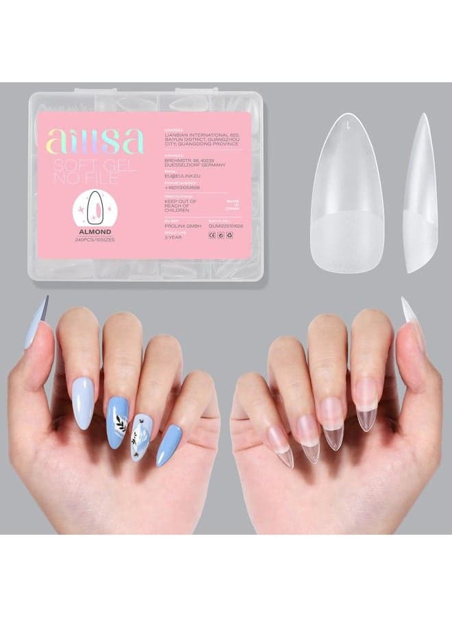 Almond Full Cover Nail Tips Upgraded Matte Prefiled Gel Nails Tips False Gelly Press on Soft Nail Tip Medium Almond Shaped Nails for Nail Extensions DIY Holiday Gift (240Pcs 10 Sizes)
