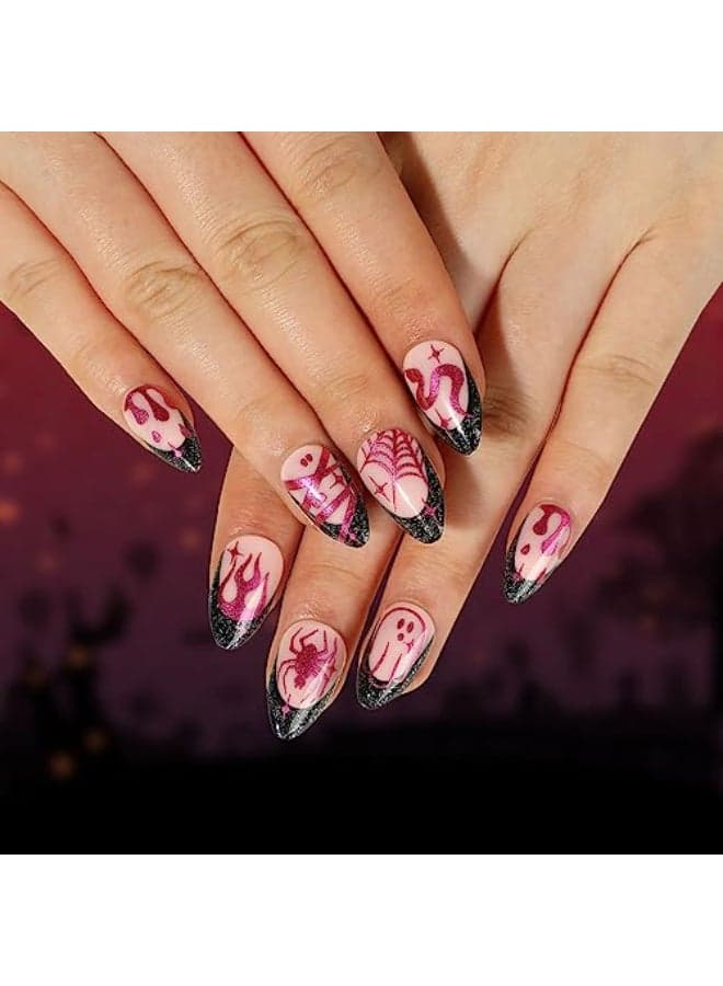 Halloween Press on Nails Almond Short Artificial Acrylic Fake Nails with Rose Red Snake Spider Web Designs 24 Pcs Full Cover Reusable Black French Coffin Glossy False Nails Glue on Nails for Women