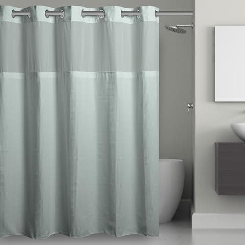 It's A Snap! Waffle Shower Curtain, 3-in-1 with Fabric Shower Curtain, Sheer Top Window, Flex-On Rings & Liner, 71' x 74', Misty Blue