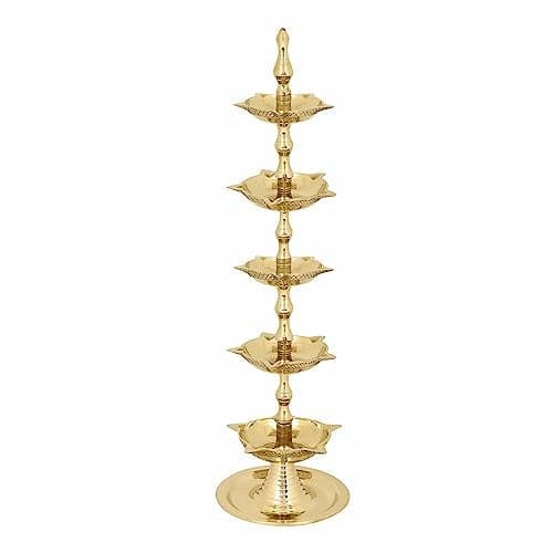 SATVIK Standing Brass Kerala Samai Diwali Deepak for Puja Traditional Panchmahal Pooja Deepam Diya Oil Lamp Kutthu Vilakku Dia 5 in 1 Step Adjustable 13 inch Deepawali Indian Gift Item