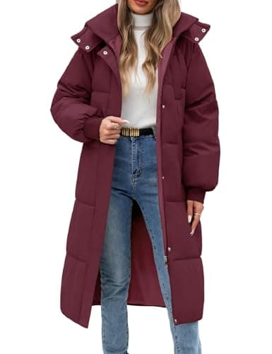 VXVGER Women Long Puffer Coat Winter Warm Hooded Jacket Long Sleeve Parka Full Length Down Coats With Zip,Fuchsia,XXL