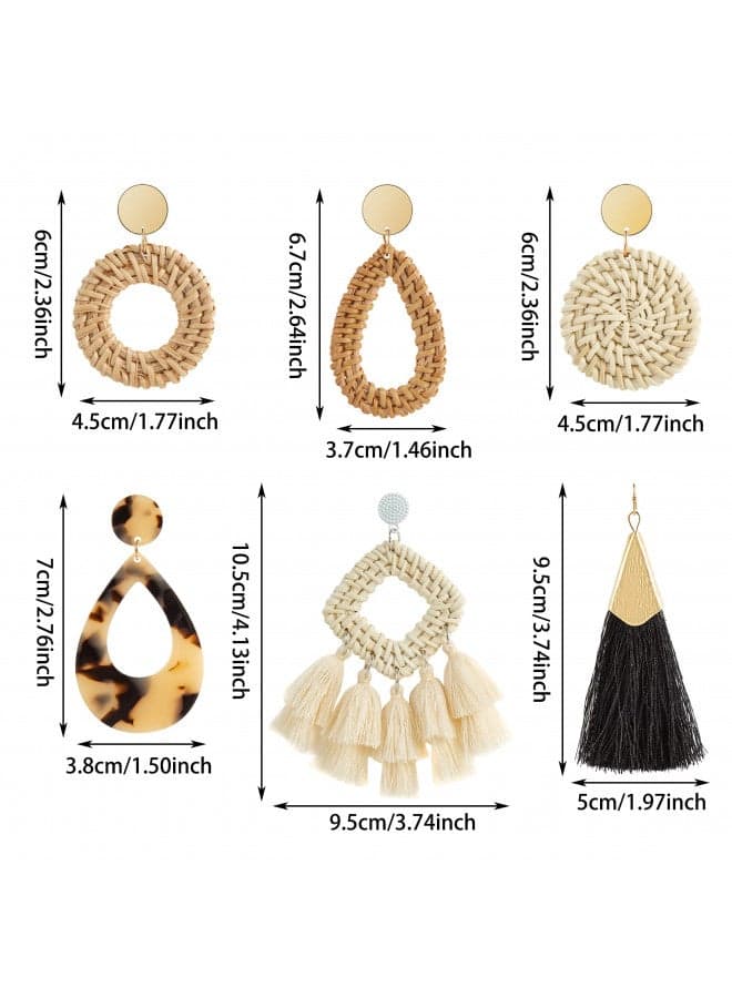 Ponpon 6 Pairs Rattan Earrings, Lightweight Summer Straw Earrings Fashion Geometric Statement Hoop Dangle Drop Zinc Earrings for Women