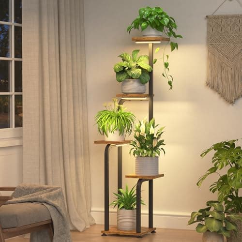 iDavosic.ly Tall Plant Stand Indoor with Grow Light, 4 Tier Corner Multiple Flower Holder Shelf with Wooden Trays, Space Saving Display Rack for Living Room Balcony Patio Porch | Black & Brown