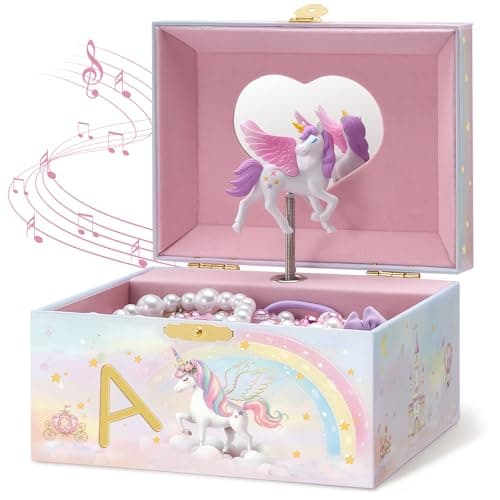 Lolalet Unicorn Jewelry Box for Girls, Kids Initial Musical Jewelry Organizer with Spinning Doll, Personalized Birthday Gifts for Little Girls Children Toddler Ages 3 4 5 6 7 8 (Box Only) -Letter A